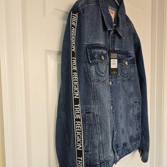 True Religion Men's Logo Taping Denim SN Jacket Tide Wash Color Size Large NWT - Picture 4 of 9